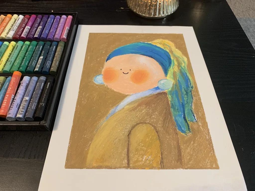 Playful oil pastel take on Girl with a Pearl Earring
